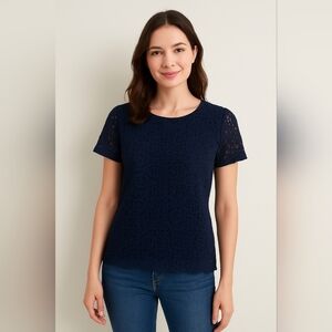 J.crew navy lace short sleeved blouse minimalist quiet luxury women size 12